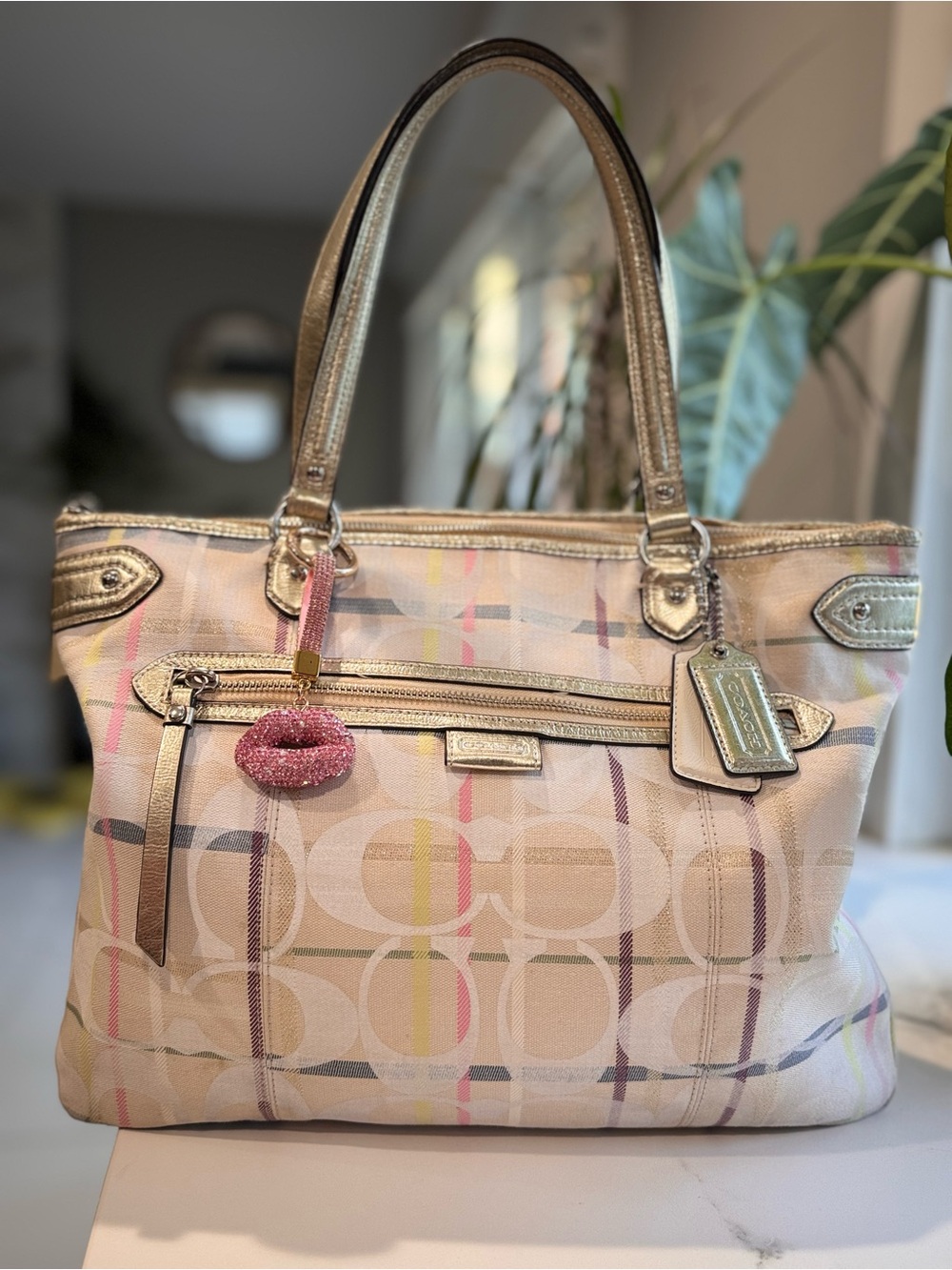 Coach Signature Pastel Tattersall Tote  with Metallic Trim